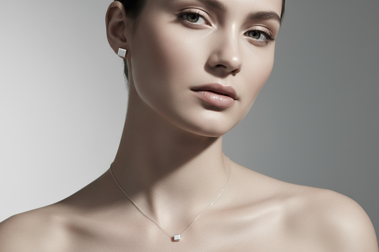 high fashion female model shoot of silver jewellery it should be closeup shot and jewellery should be small and simple elegant